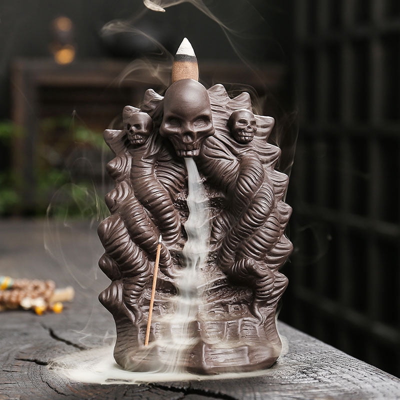 Purple Sand Handmade Incense Burner,Creative Halloween Skull Head Backflow Incense Stick Holder Aromatherapy Ornament for Yoga Spa Office Bedroom
