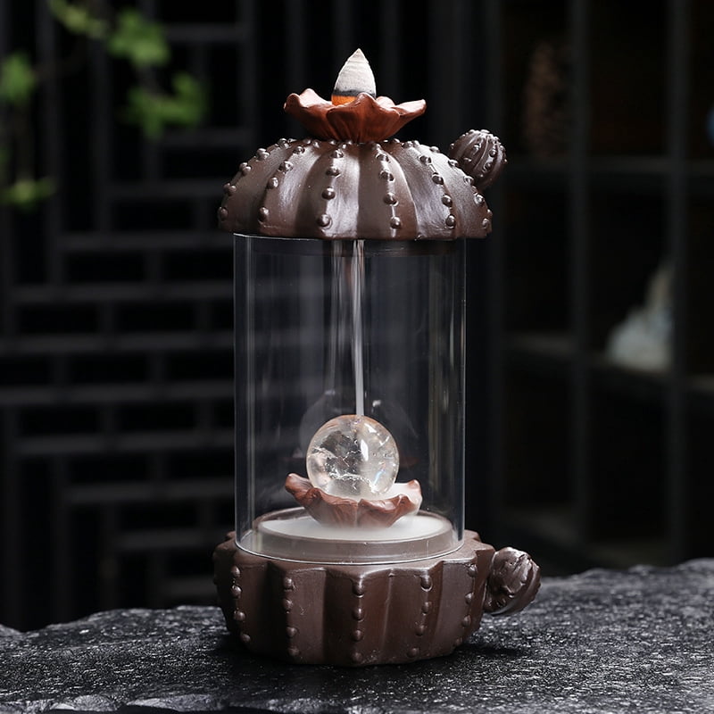 Purple Sand Windshield Backflow Incense Holder Creative Cactus LED Lamp Home Tea Room Aromatherapy Incense Burner Office Yoga Room Decoration