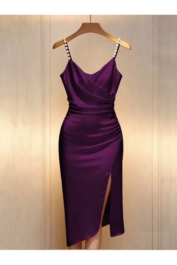 Purple Satin Bodycon Dress With Pearl-Embellished Spaghetti Straps, Crossover Neckline, Ruched Waist And Side Slit