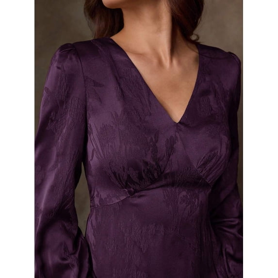 Purple Satin Jacquard V-Neck Wrap Maxi Dress With Puffed Sleeves