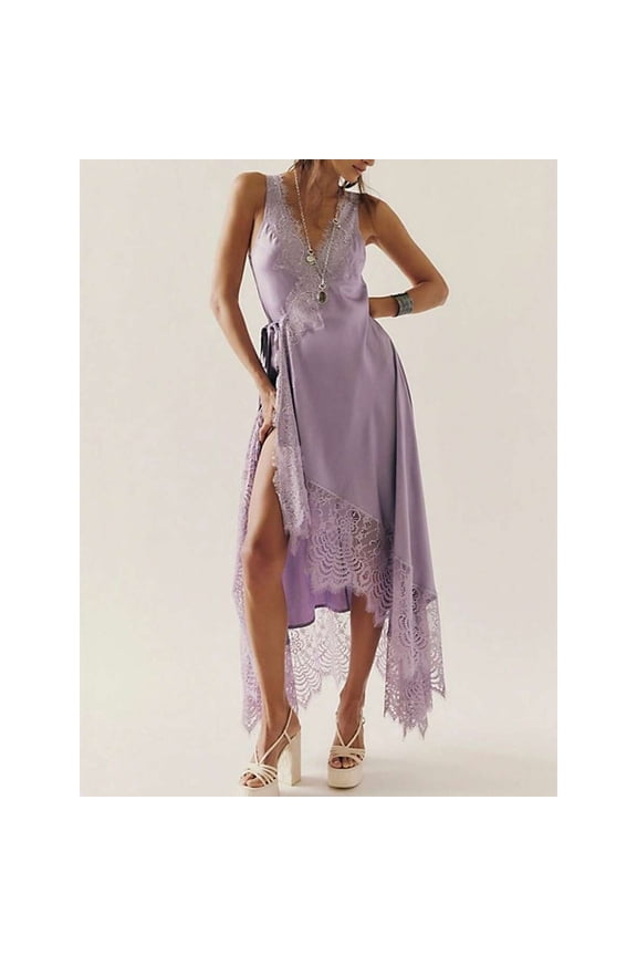 Purple Satin Lace V-Neck Sleeveless Wrap Maxi Dress With High Slit And Ruffle Hem