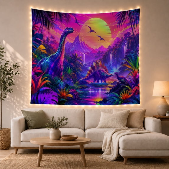Purple Sauropod in a Neon River with Stegosaurus, Whimsical Retro for Dinosaur Lovers, Prehistoric Decor, Birthday Gift, Tapestry Wall Hanging for Gaming Room and Bedroom
