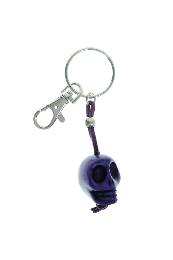 Purple Sculpted Stone Skull Keychain With Faux Leather Strap