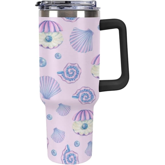 Purple Sea Shells Pearls Tumbler with Lid And Straw 40oz Sea Life Stainless Steel Cup Insulated, Large Capacity Car Cup, Leakproof Travel Tumbler Coffee Mug with Handle