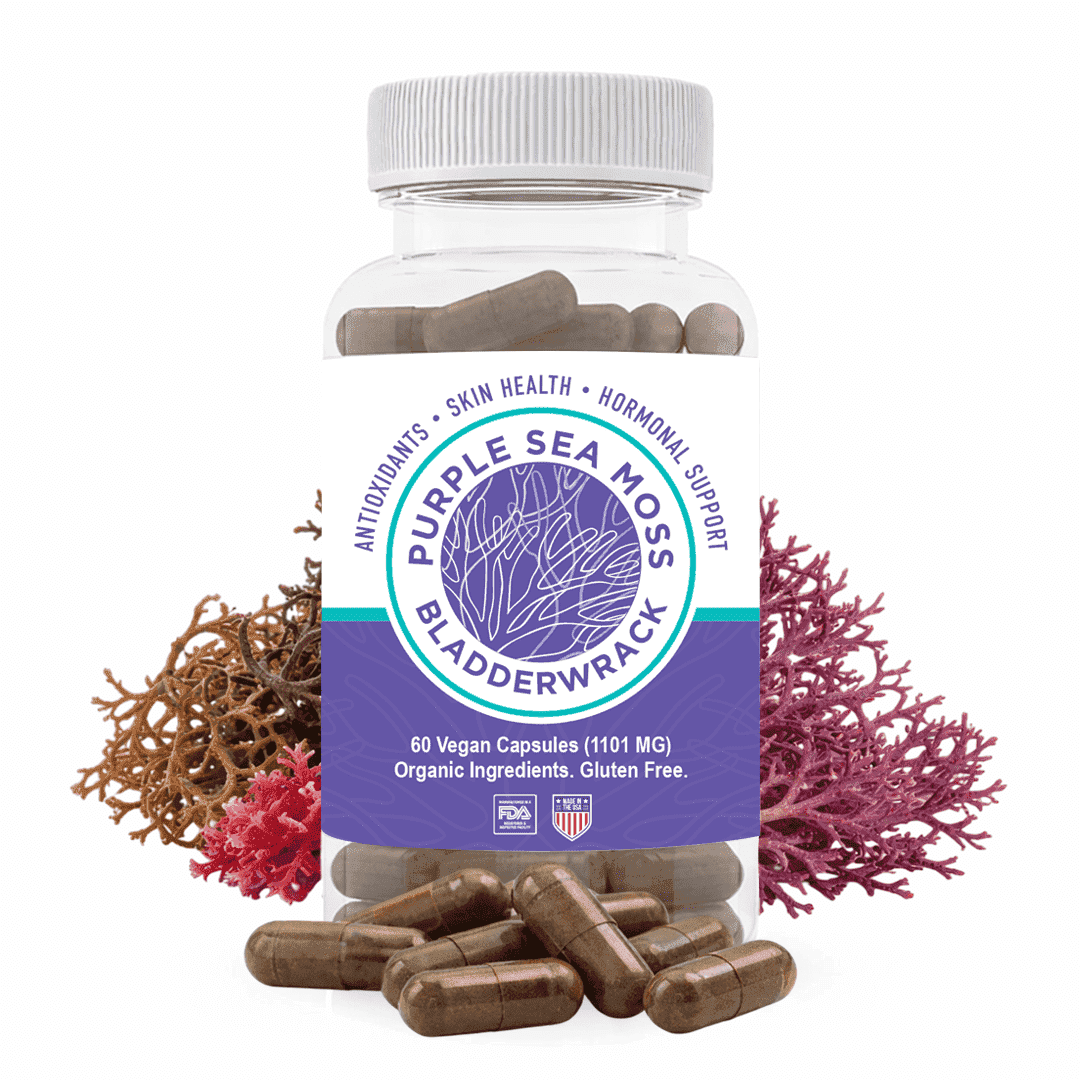 Purple Seamoss + Bladderwrack Seaweed Capsules - 2202mg Complete Nutrient Profile, Wildcrafted & Wildharvested, Made in the USA, Rich in Minerals, 60 ct