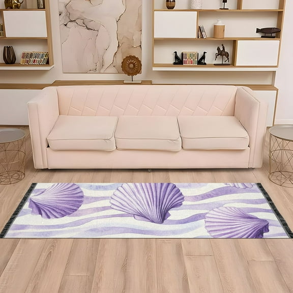 Purple Seashells Striped Runner Rug Non-Slip Area Rugs Linen Washable Non Shedding for Kitchen Bedroom Carpet
