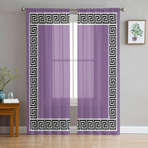 Purple Semi Sheer Curtains 63 Inch Length 2 Panels Set, Black Modern Geometric Abstract Art Aesthetics Sheer Kitchen Curtain Privacy Voile Window Curtain for Living Room Bedroom Rod Pocket Drapes