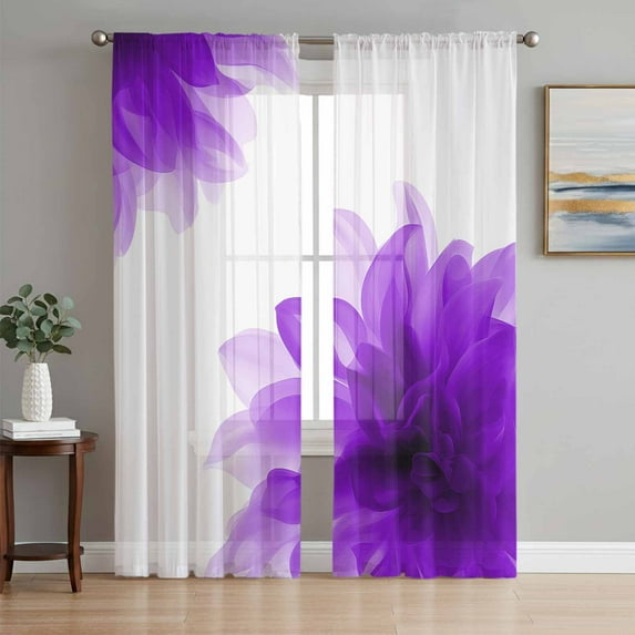Purple Semi Sheer Curtains 63 Inch Length 2 Panels Set, Boho Modern Floral Abstract Ombre Leaf White Sheer Kitchen Curtain Privacy Voile Window Curtain for Living Room Bedroom Rod Pocket Drapes