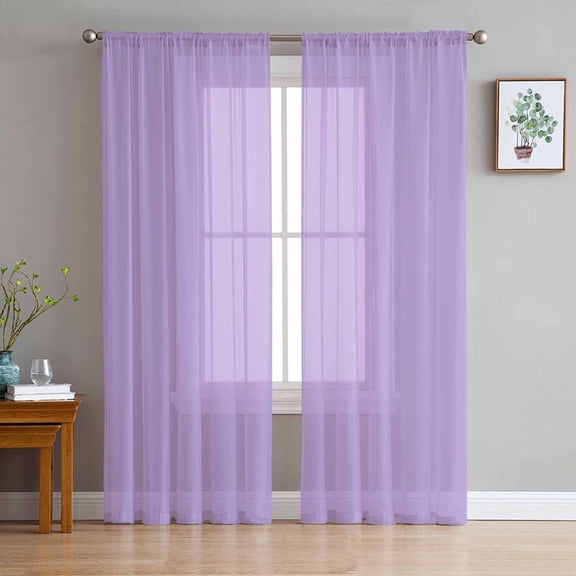 Purple Semi Sheer Curtains 96 Inch Length 2 Panels Set, Modern Pure Lavender Purple Sheer Kitchen Curtain Privacy Voile Window Curtain for Living Room Bedroom Rod Pocket Drapes
