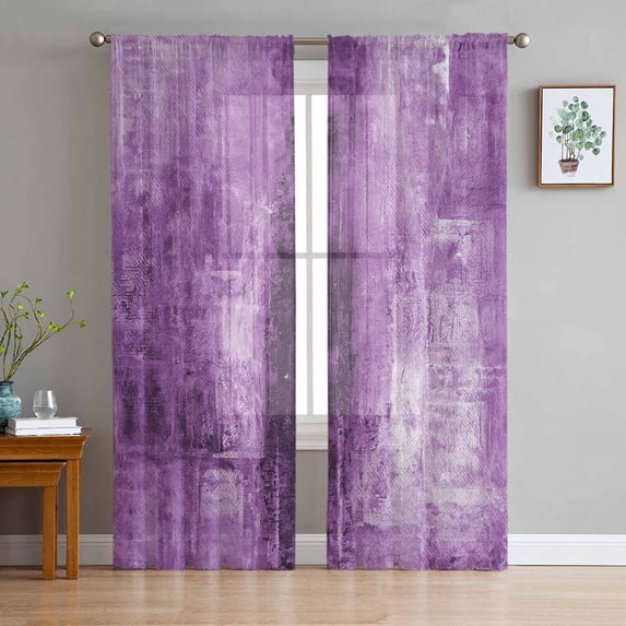 Purple Semi Sheer Curtains 96 Inch Length 2 Panels Set, Retro Oil Painting Modern Abstract Art Aesthetics Sheer Kitchen Curtain Privacy Voile Window Curtain for Living Room Bedroom Rod Pocket Drapes