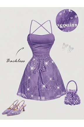 Purple Sequin Backless Mini Dress For Party, Prom, Graduation, Valentines Day