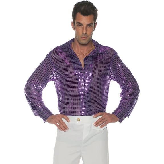 Men's 70s Purple Sequin Disco Costume Shirt Large 42-46