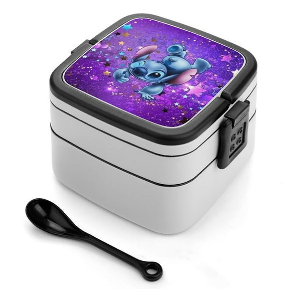 Purple Sequin Stitch Reusable Bento Boxes Lunch Box Double Layer Stackable Leakproof Lunch Container with Spoon and Carrying Handle for Work Camping Picnic Travel
