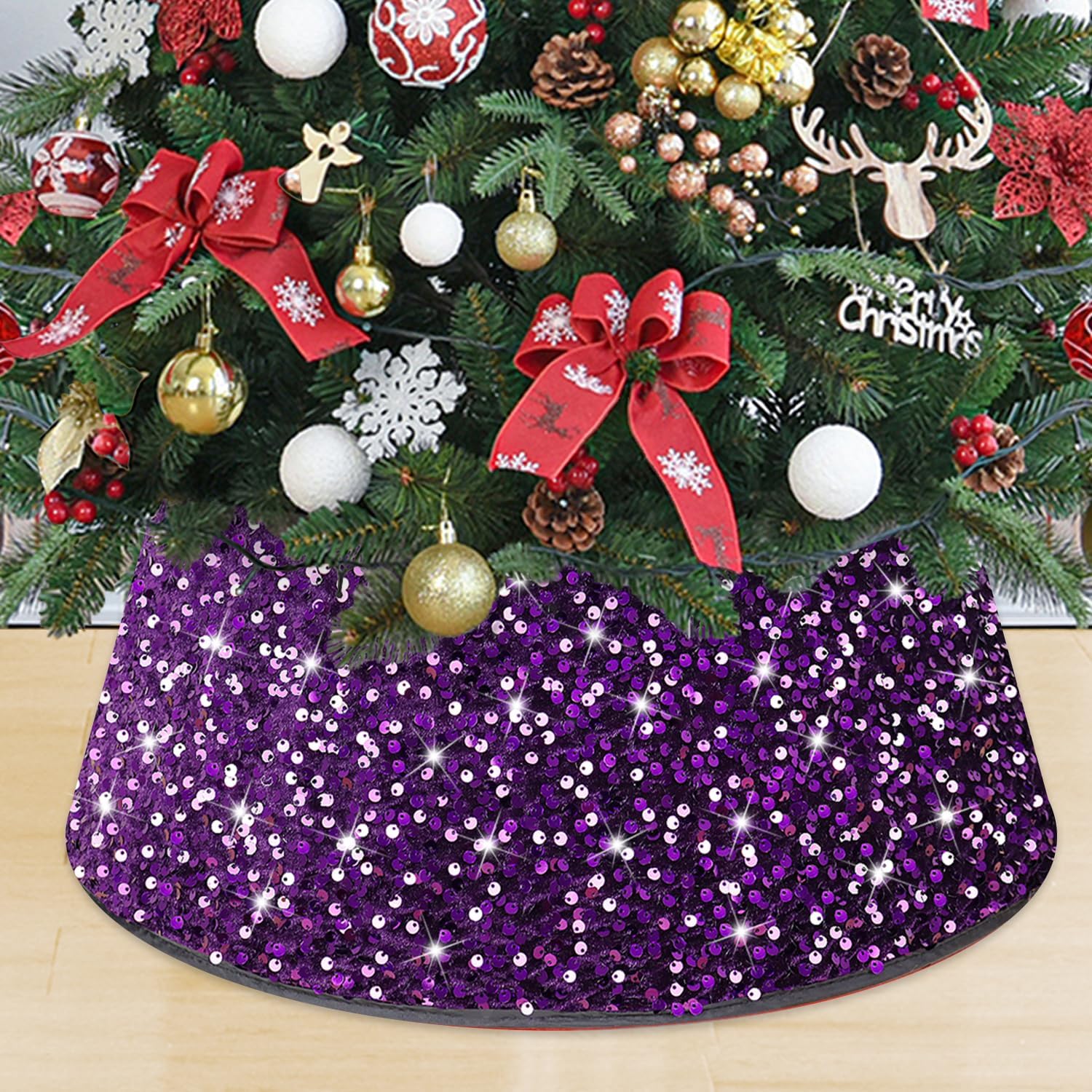 Purple Sequin Velvet Christmas Tree Collar 24 Inch Festive Tree Base