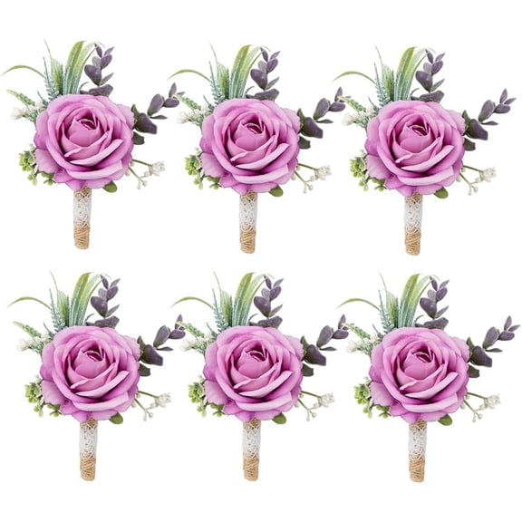 Purple Set of 6 Boutonniere for Best Men Groom Groomsmen Buttonholes for Wedding Party Prom Decoration