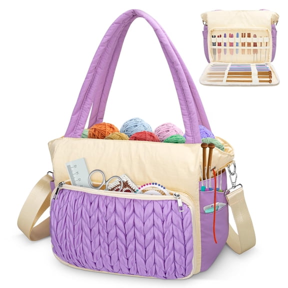 Purple Sewing Basket Crochet Yarn Storage Tote with Multiple Pockets