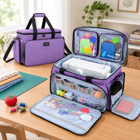 Purple Sewing Machine Carrying Bag with Multiple Pockets for Standard Sewing Machines