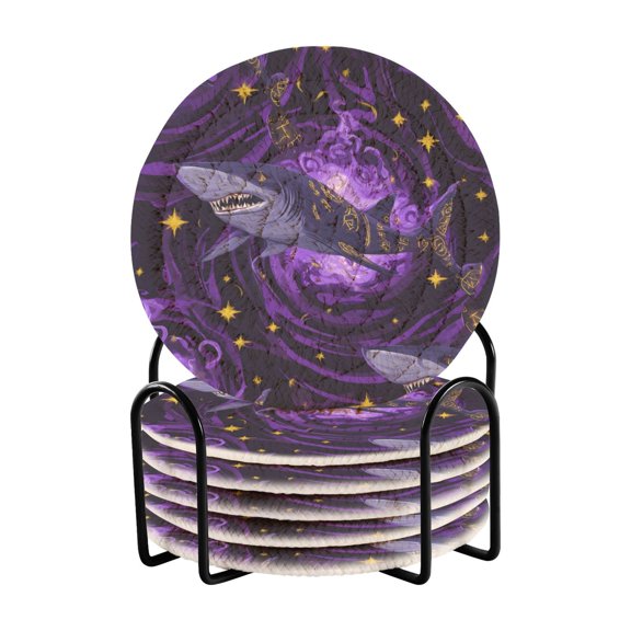 Purple Shark Pattern Bar Coasters 6 Pack Braided Coasters with Holder Absorbent Heat Resistant