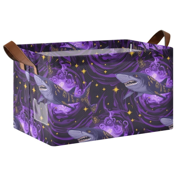 Purple Shark Pattern Collapsible Storage Bin Open Home Shelf Basket Water-Resistant Iron Frame Large