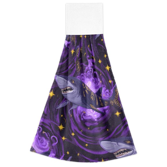 Purple Shark Pattern Hand Towels 2 Pack Quick Dry Velvet Soft with Velcro Kitchen Bath 14x18in