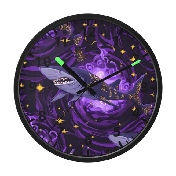 Purple Shark Pattern Wall Clock 12 Inch Voice Activated Night Light Silent Non Ticking