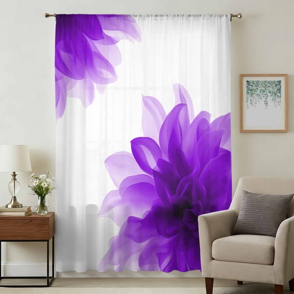 Purple Sheer Curtains 54 Inches Long, Boho Modern Floral Abstract Ombre Leaf White Light Filering Curtains, Breathable Simi Curtain Privacy Drapes for Kitchen Bathroom Small Window Treatment