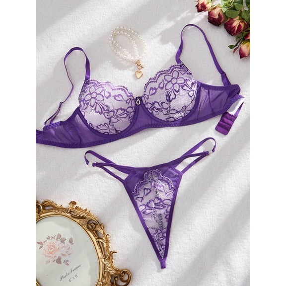 Purple Sheer Lace Lingerie Set
