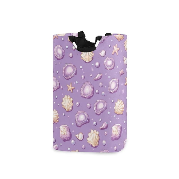 Purple Shells Pearls Starfishes Laundry Basket with Handles Foldable Laundry Hamper Freestanding Washing Bin 50L