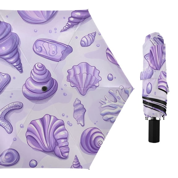 Purple Shells Starfishes Corals All Weather Umbrella Triple Folding Parasol 6 Ribs UV Protection Portable