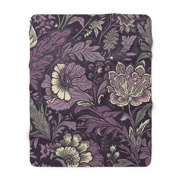 Purple Sherpa Fleece Blanket, Jacobean Pattern