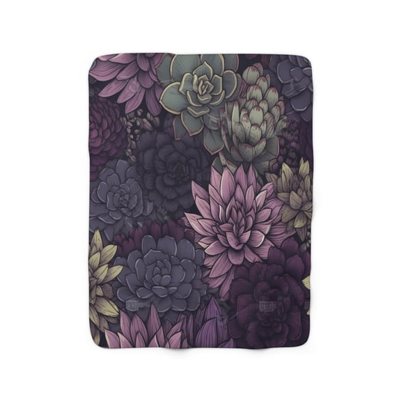 Purple Sherpa Fleece Blanket, Jacobean Pattern