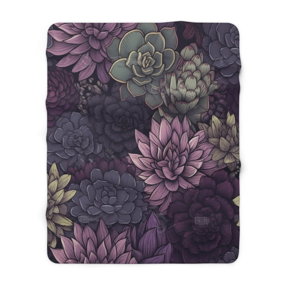 Purple Sherpa Fleece Blanket, Jacobean Pattern