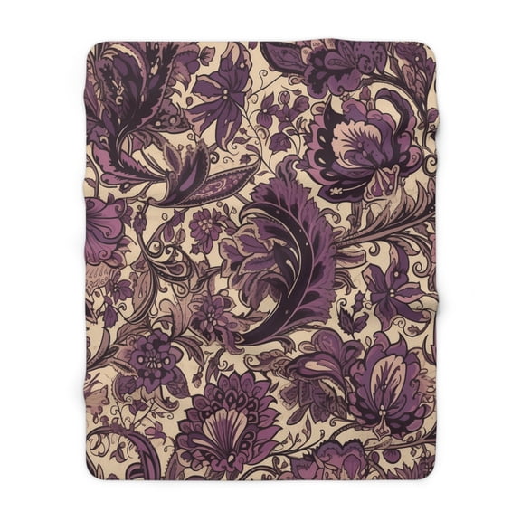 Purple Sherpa Fleece Blanket, Jacobean Pattern