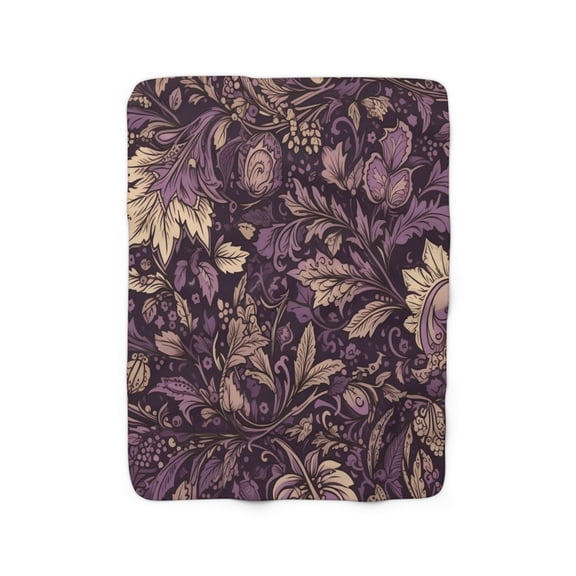 Purple Sherpa Fleece Blanket, Jacobean Pattern