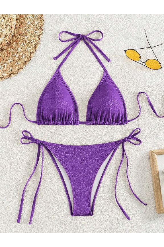 Purple Shiny Halter Tie-Front Two-Piece Bikini Set For Women
