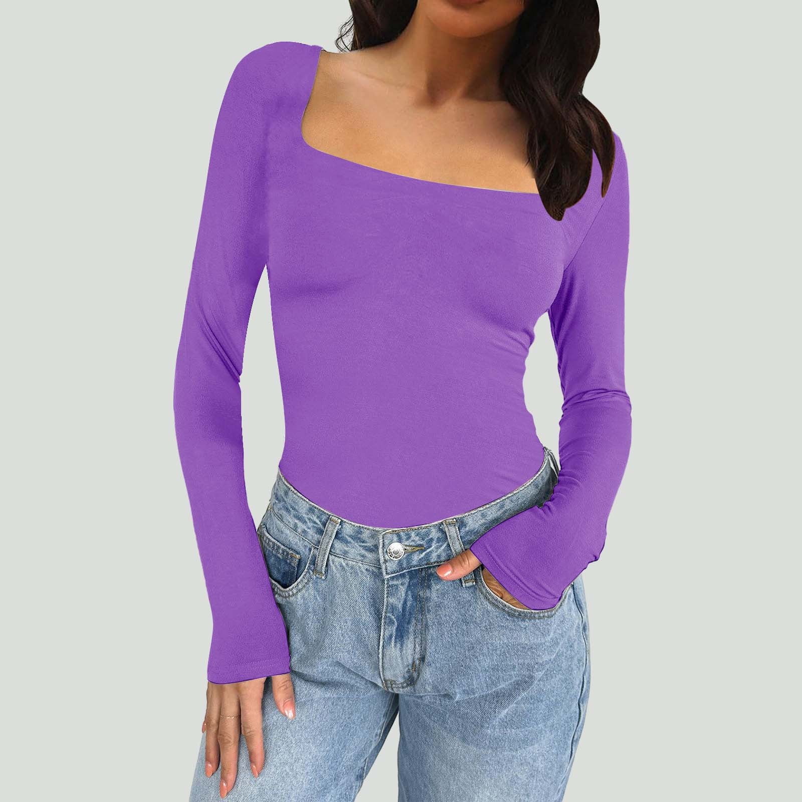 Purple Shirts for Women Square Neck Long Sleeve Crop Tops For Slim Fit