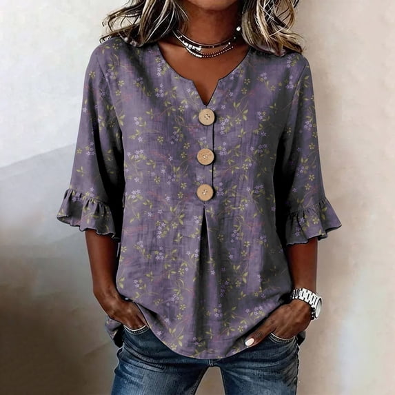 Purple Shirts for Womens 3/4 Sleeve Fall Slim Fit Basic Shirt Layer for Office