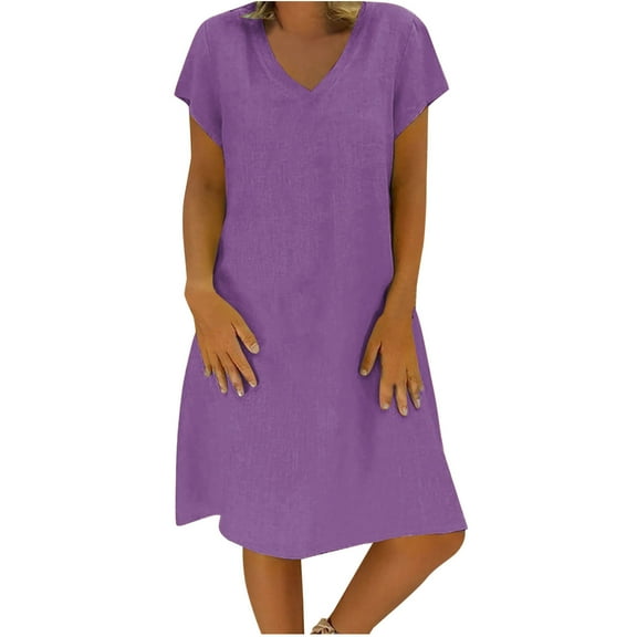 Purple Short Sleeve Dresses for Women Summer Fall V Neck Faux Linen Midi Knee Length Loose Fit Lounge Basic Dresses Women 2025 Clothing Country Concert XXL