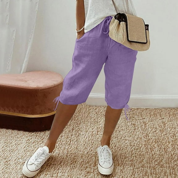 Purple Shorts for Women's Knee Length Short Pants Ladies Loose Drawstring Casual Solid Color Shorts