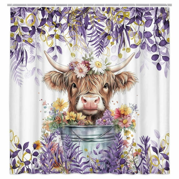 Purple Shower Curtain, Boho Plant Eucalyptus Leaves Floral Funny Highland Cow Bath Curtain, Farmhouse Animals Bathroom Accessories Botanical Lavender Bathroom Curtain Set with Hooks, 72X72in