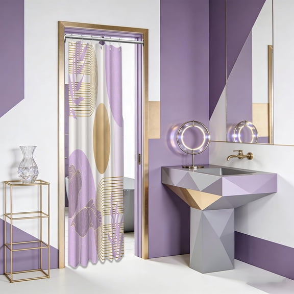 Purple Shower Curtain Lavender Light Purple and Gold Shower Curtains for Bathroom Decor MCM Bath Curtain Set, Waterproof Fabric with Hooks 36 x 72 Inch
