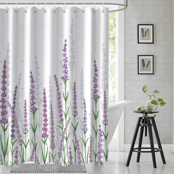 Purple Shower Curtain, Lavender Shower Curtain for Bathroom Waterproof Fabric Spring Plant Leaves with Floral Shower Curtain Set with Hooks, 72x72 Inch