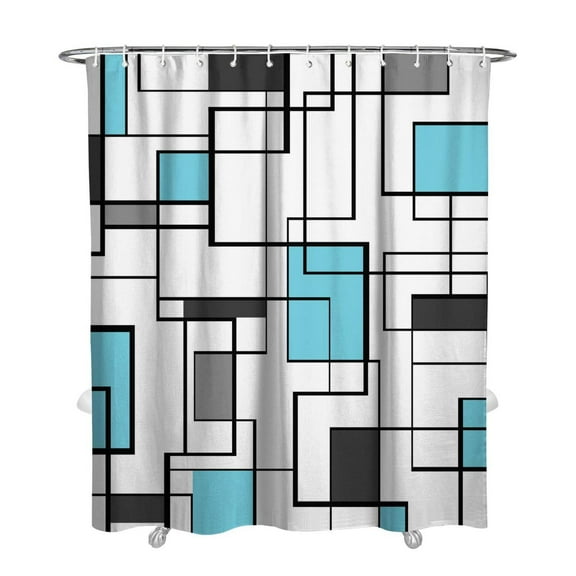 Purple Shower Curtain, Mid Century Modern Geometric Shower Curtain for Bathroom Decor, Abstract Lavender Black Grey Square White Fabric Shower Curtain Set with Hooks, 72 x 84