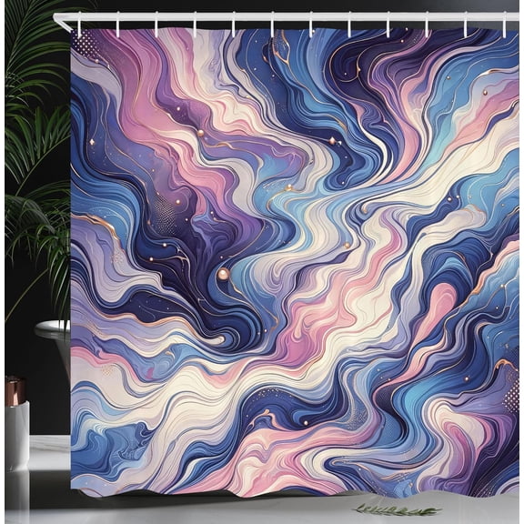 Purple Shower Curtain, Oil Paint Like Marble Print Warm Deep Tones Mystery of The Universe, Cloth Fabric Bathroom Decor Set with Hooks, 69" W x 84" L, Quartz Mustard Azure Blue