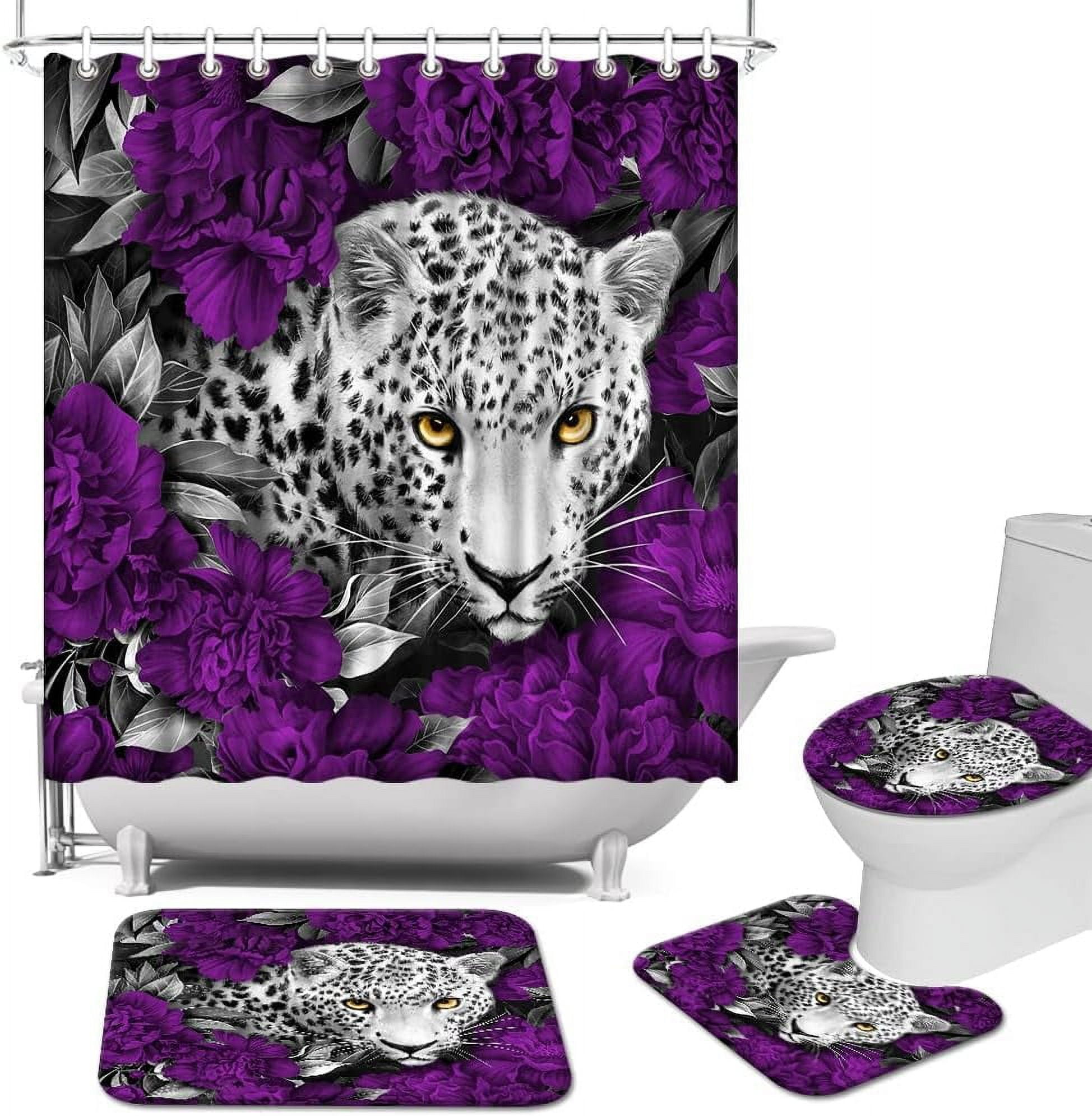 Purple Shower Curtain Set Leopard Shower Curtain Purple Bathroom Sets with Shower Curtain and Rugs, Set of 4 Piece (Purple)