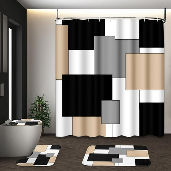 Purple Shower Curtain Sets with Toilet Lid Cover and Non-Slip Rugs for Bathroom, Geometric Lines Ombre 4 Pcs Shower Curtain, Simple Abstract Modern Bathroom Set with 12 Hooks