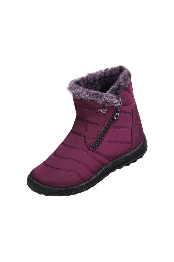 Purple Side Zipper Ankle Boots For Women Round Toe Flat Sole Plush Lining Warm Winter Casual Shoes Comfortable For Everyday Use