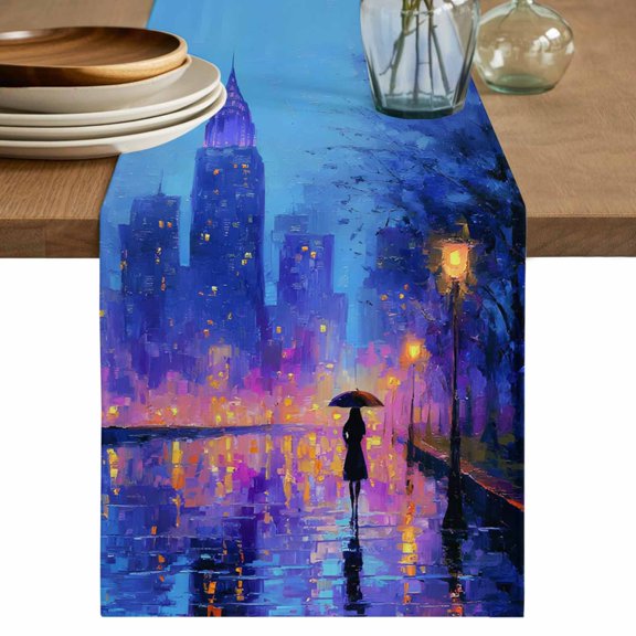 Purple Silhouettes Short Table Runner 36 Inches Long,Modern Abstract Art Aesthetics Cotton Linen Table Runners Dresser Scarves,Fabric Tabletop Scarf Furniture Cover for Home Dinner Party 13"x36"