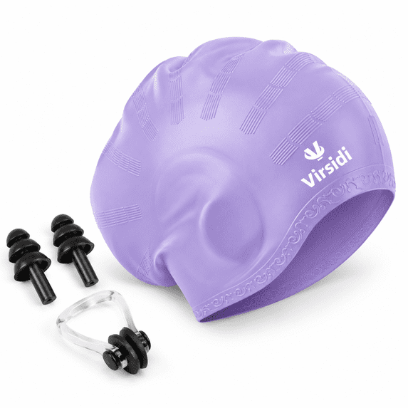 Purple Silicone Large Swim Cap with 3D Ear Protection for Long Hair ...