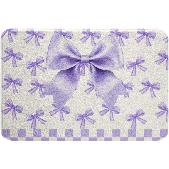 Purple Silk Bowknot Bathroom Rugs Purple Checkered Soft Fleece Door Carpet Cute Bow Non Slip Bath Mat Sweet Romantic Bathroom Floor Indoor Doormat,16x24 Inch